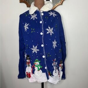 Victoria‎ Jones Womens Cardigan Sweater Blue Snowman Christmas Holiday L
